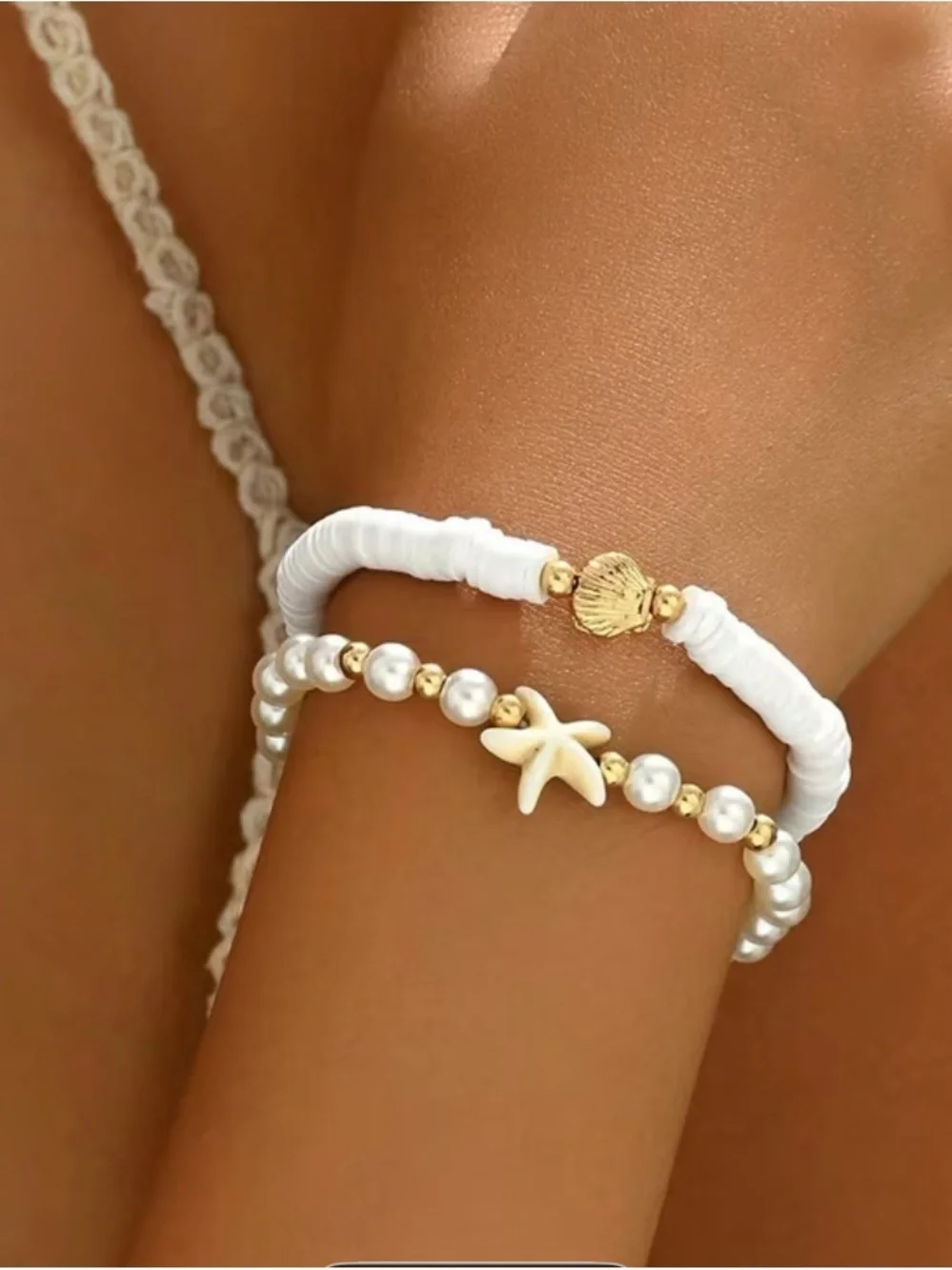 Layered Gold & White Beach Charm Necklace Set of 3 + 2 Bracelets